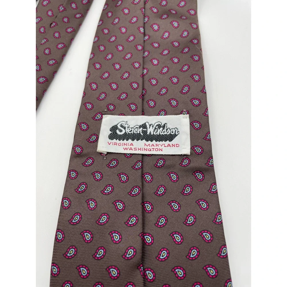 Steven Windsor Mens Silk Tie Taupe Brown Pink Teal Micro Paisley Pattern USA